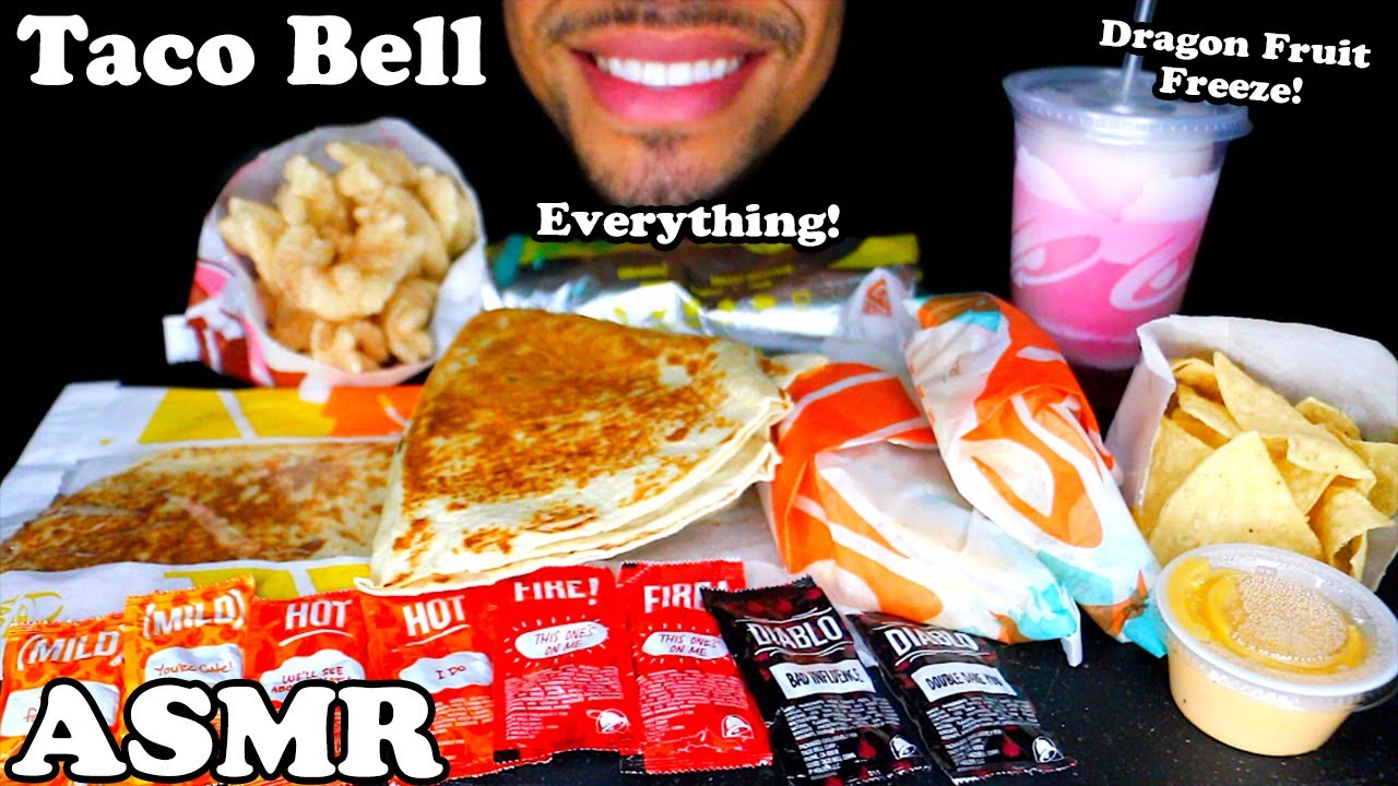 ASMR TACO BELL EATING EVERYTHING MENU MUKBANG CHALLENGE GRILLED CHEESE BURRITO CINNAMON TWIST JERRY