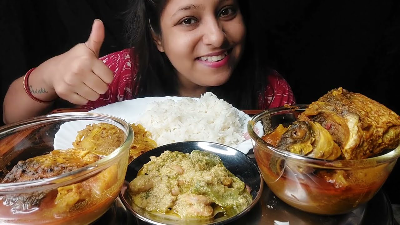 Eating Show - Rice, Cabbage Curry, Prawn Posto, Fulkopi aloo diye macher Jhol poulamieatingshow
