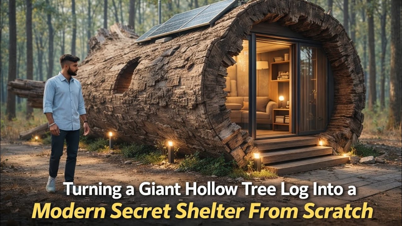 Turning a Giant Hollow Tree Log Into a Modern Secret Shelter From Scratch