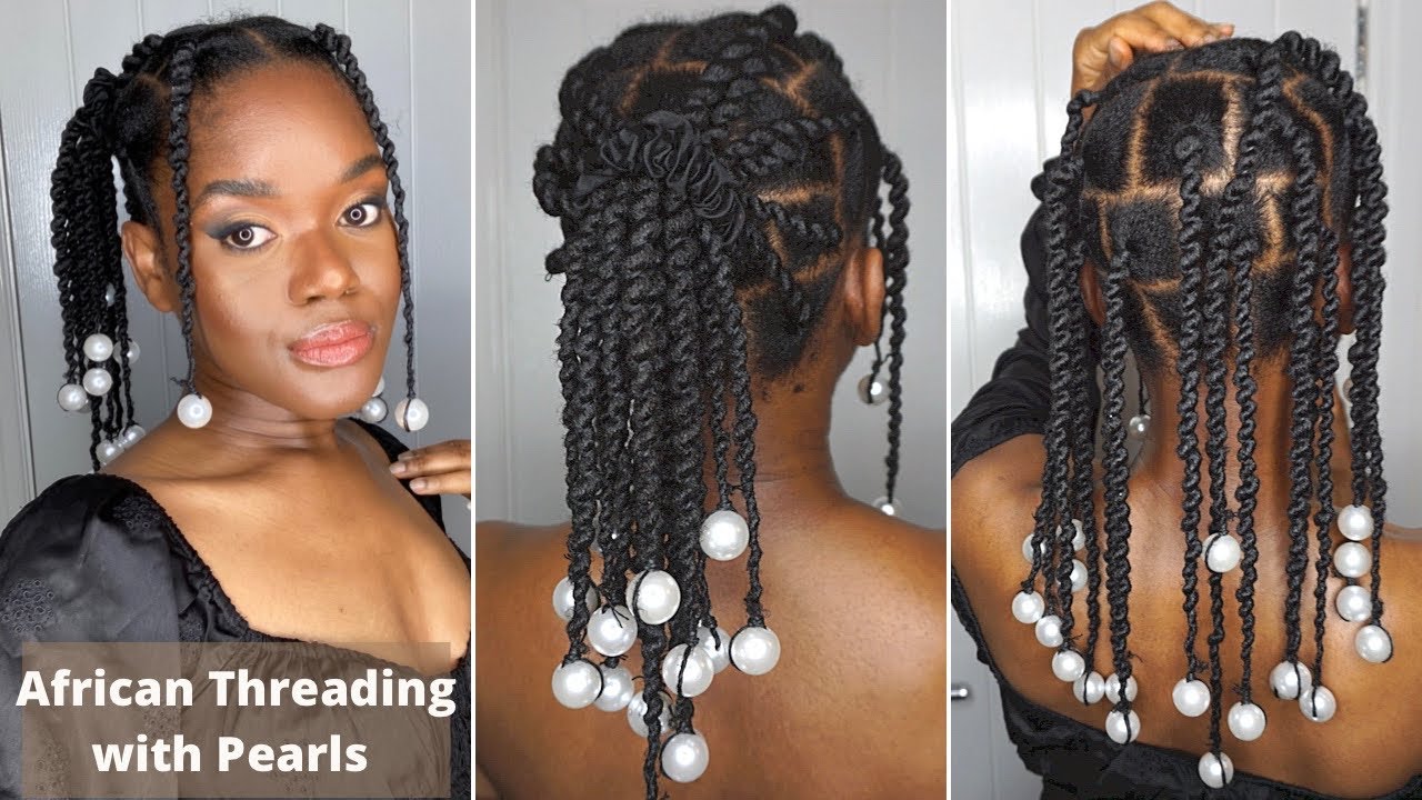 African Threading Protective style On 4C/4B Natural Hair | Pearls and beads | Limitlessbloom