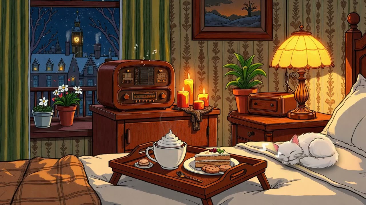 1920s cozy cottage night with soft oldies in another room  fireplace ambience