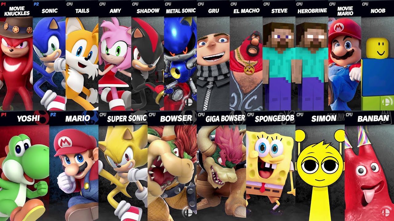 Sonic vs Mario | Giga Bowser vs Sprunki vs Minecraft | SpongeBob | Super Smash Bros Ultimate