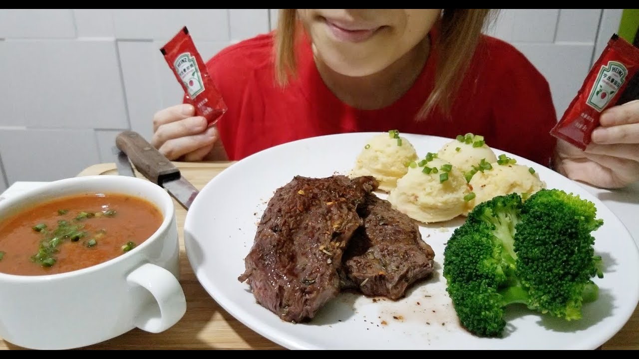 Cheap A$$ Steak with KETCHUP ??  Mashed Potatoes and Tomato Basil Soup | ASMR ( with talking )