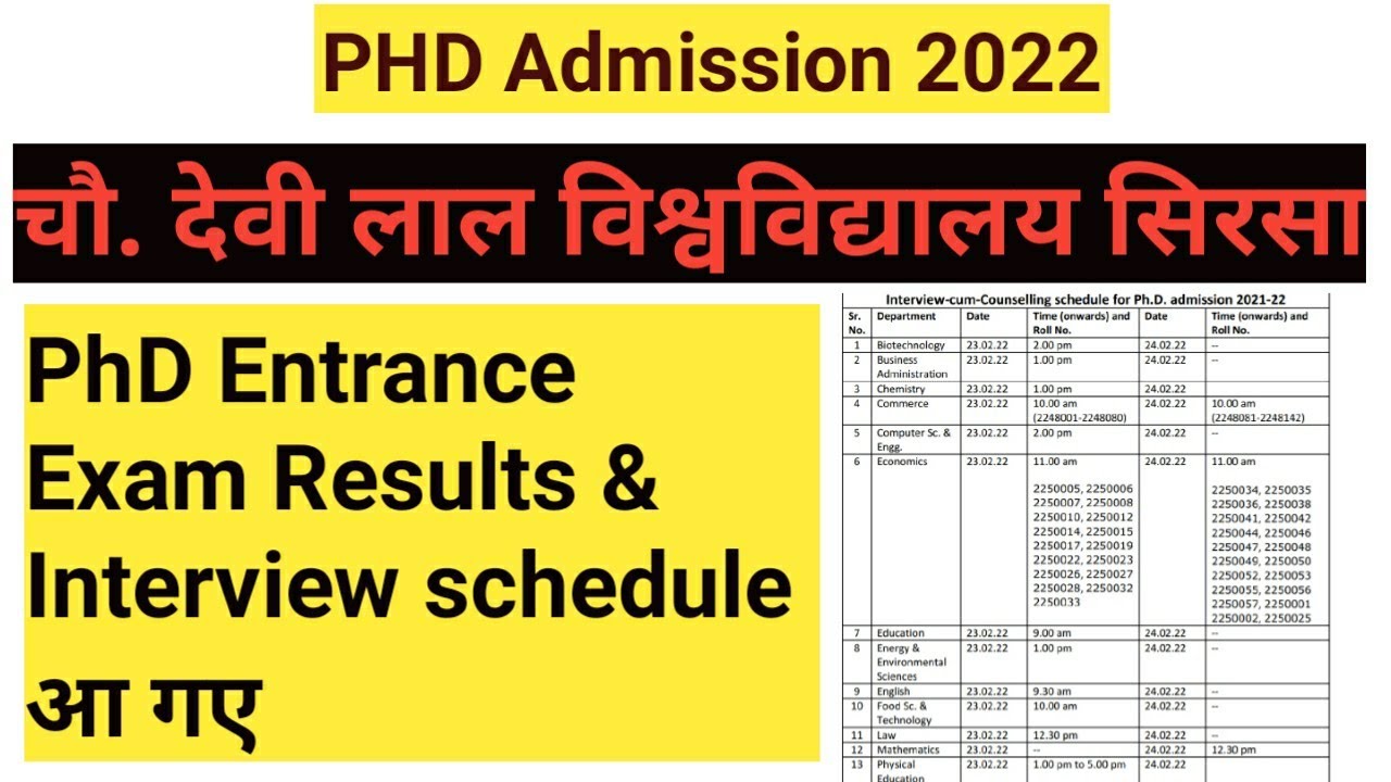 PHD Admission 2022!! Choudhary Devi Lal University PhD Entrance exam Result & interview schedule out