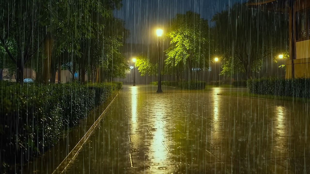 Heavy Rain Pouring Down on Empty Park & Gentle Thunder for Sleep | ASMR Night Rain