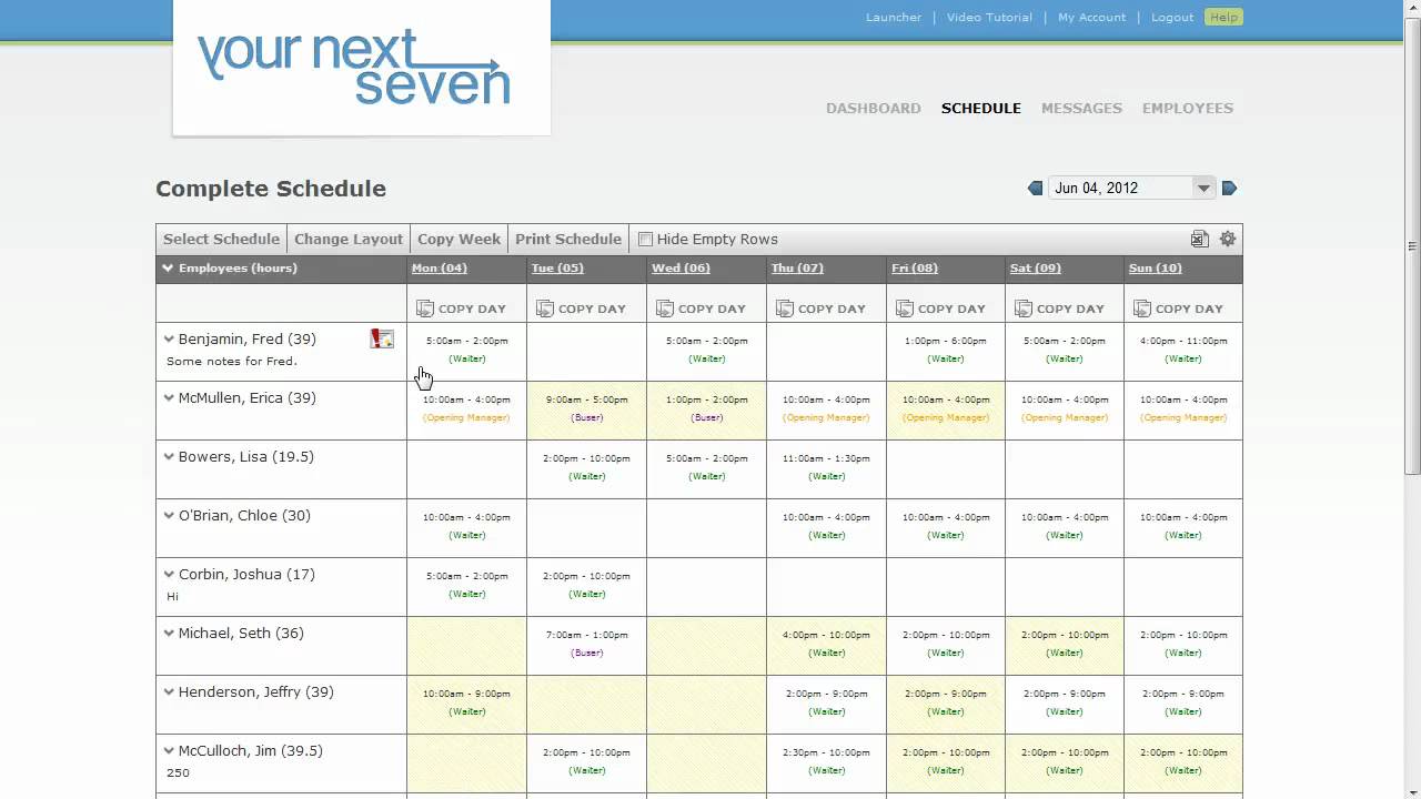 Employee Scheduling - Add / Edit Employee Shifts - YourNextSeven.com