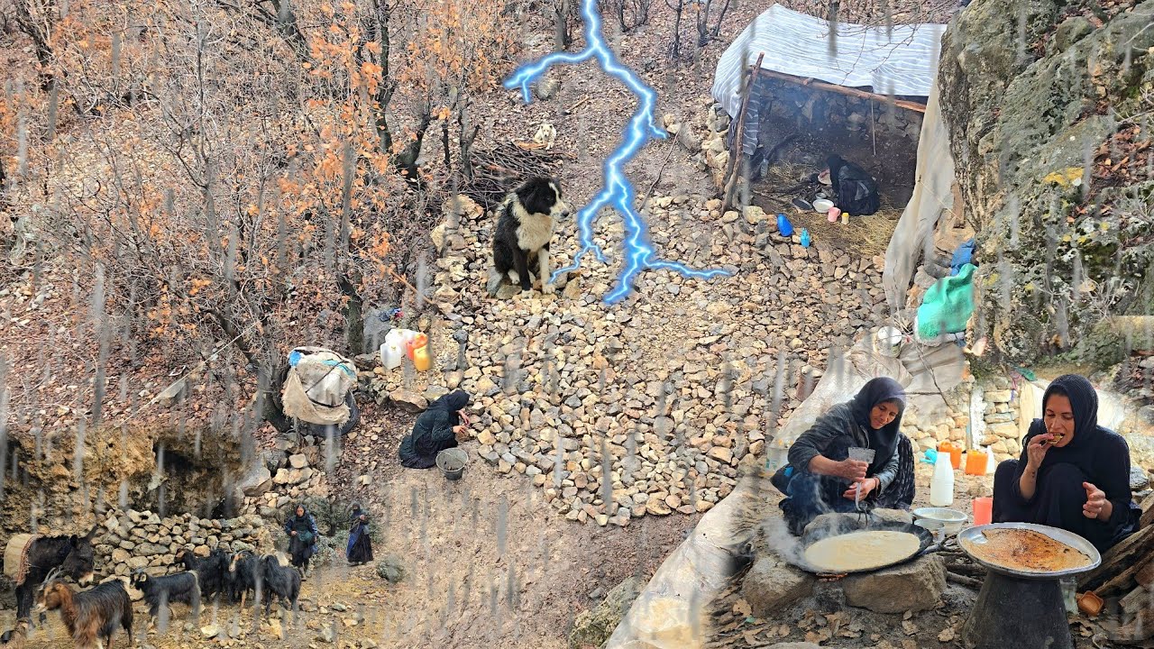 🌧️ Nomadic Cave Living in the Rainy Zagros Mountains | 🍞 Traditional Bread & Daily Life 