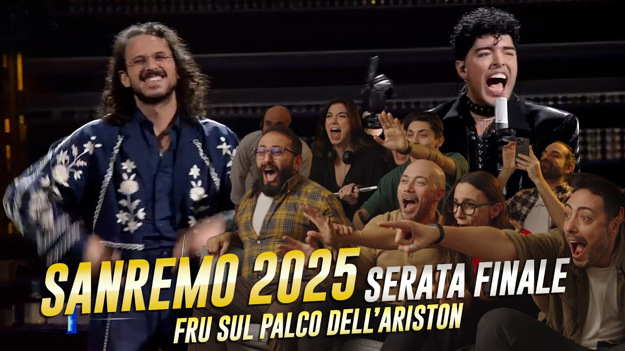LA FINALE DI SANREMO 2025 con Fru sul palco e sul divano Rocco Hunt, Frah Quintale, Tinti e Rapone.