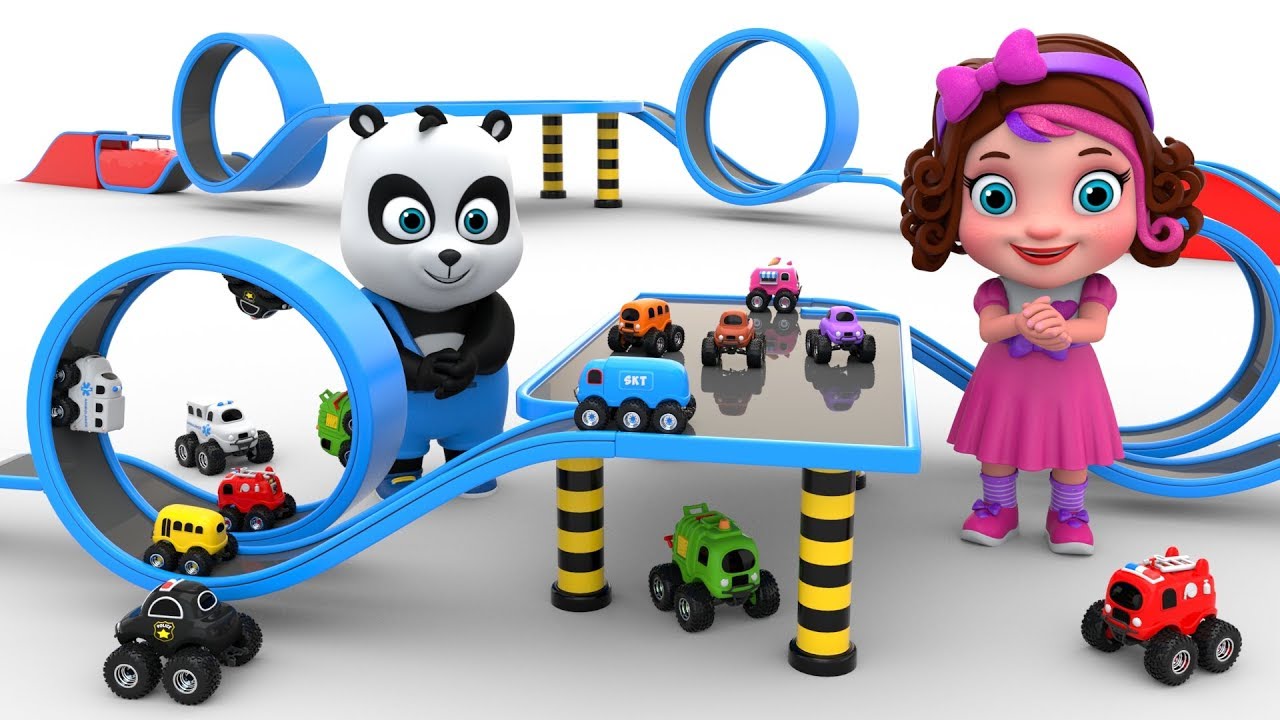 Pinky and Panda Play with Toy Monster Vehicles