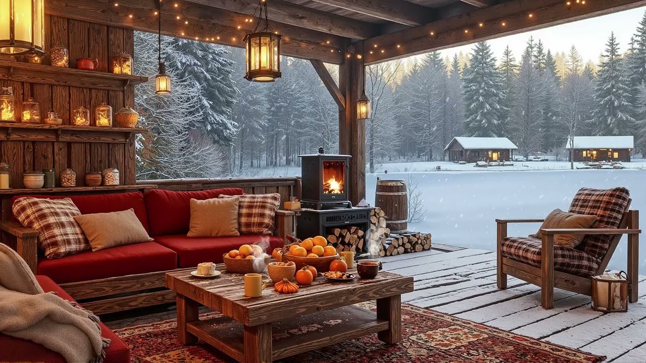 Cozy Winter Porch Jazz ❄️ Fireplace Ambience & Smooth Jazz Music for Snowy Relaxing Evenings