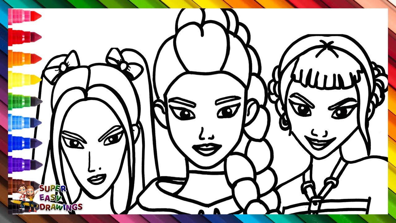 Draw and Color Rumi, Mira, and Zoey from HUNTRIX K POP Demon Hunters 👩‍🎤🎤✨😈👹🗡️🌈 Drawings for Kids