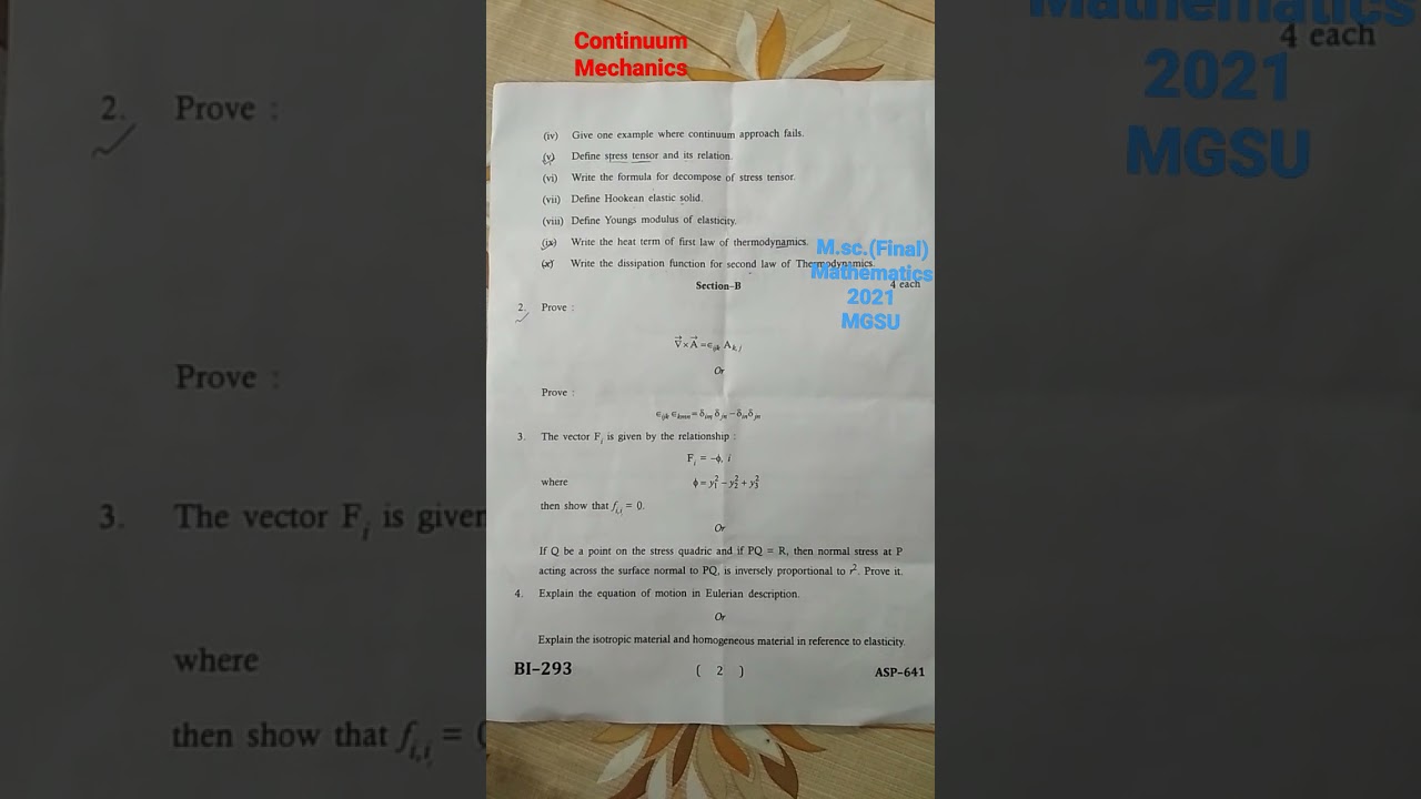 Continuum Mechanics paper 2021 (MGSU bikaner M.sc. final year )