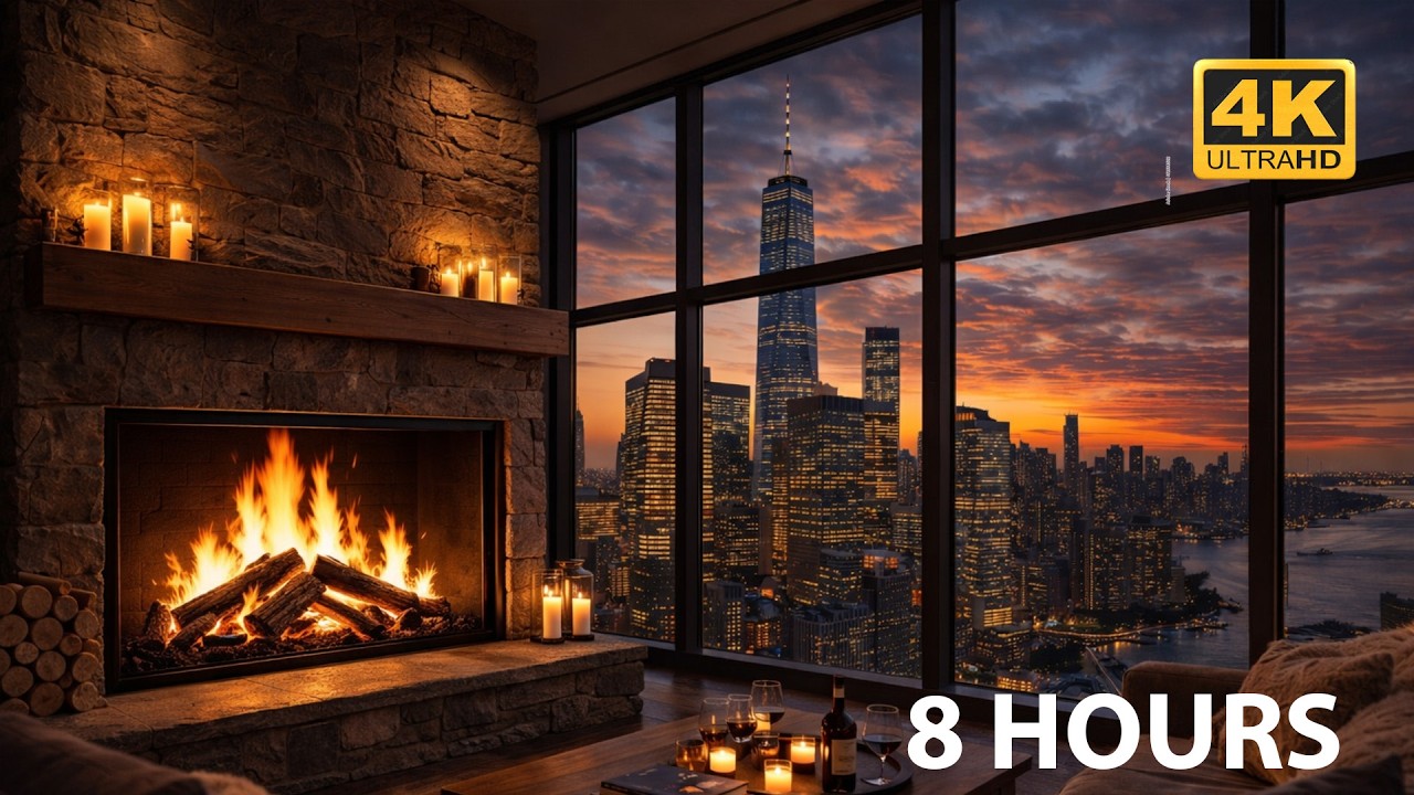 New York Skyline Fireplace 🔥 Cozy Night Ambience in 4K | 8 Hours Relaxation & Sleep