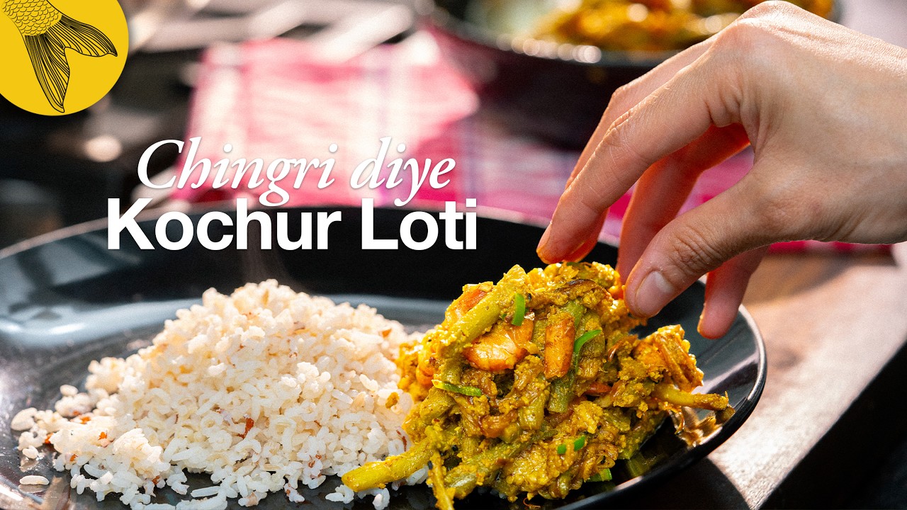 Kochur Loti Shorshe Chingri Diye—a Bengali vegetable delicacy—taro stolon with mustard and prawns