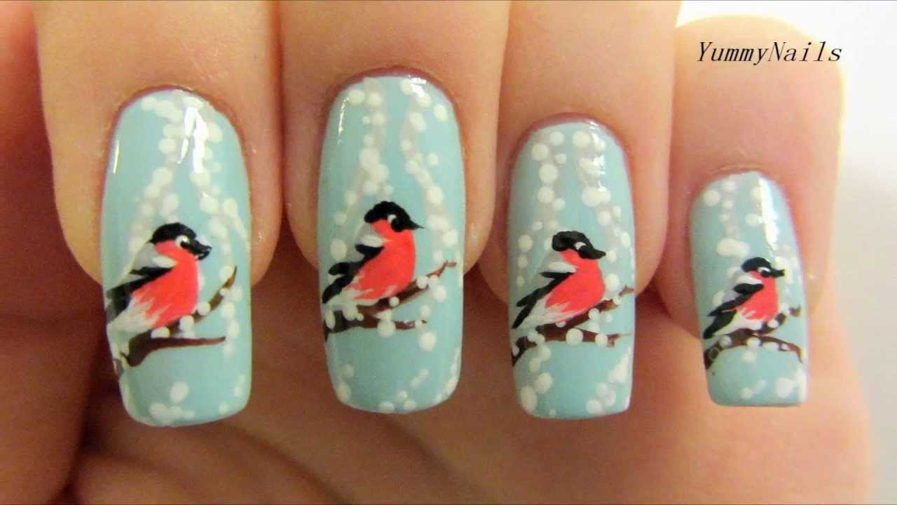 Wintery Finnish Christmas Design with Snowy Branches & a Red-Bellied Bullfinch Nail Art Tutorial