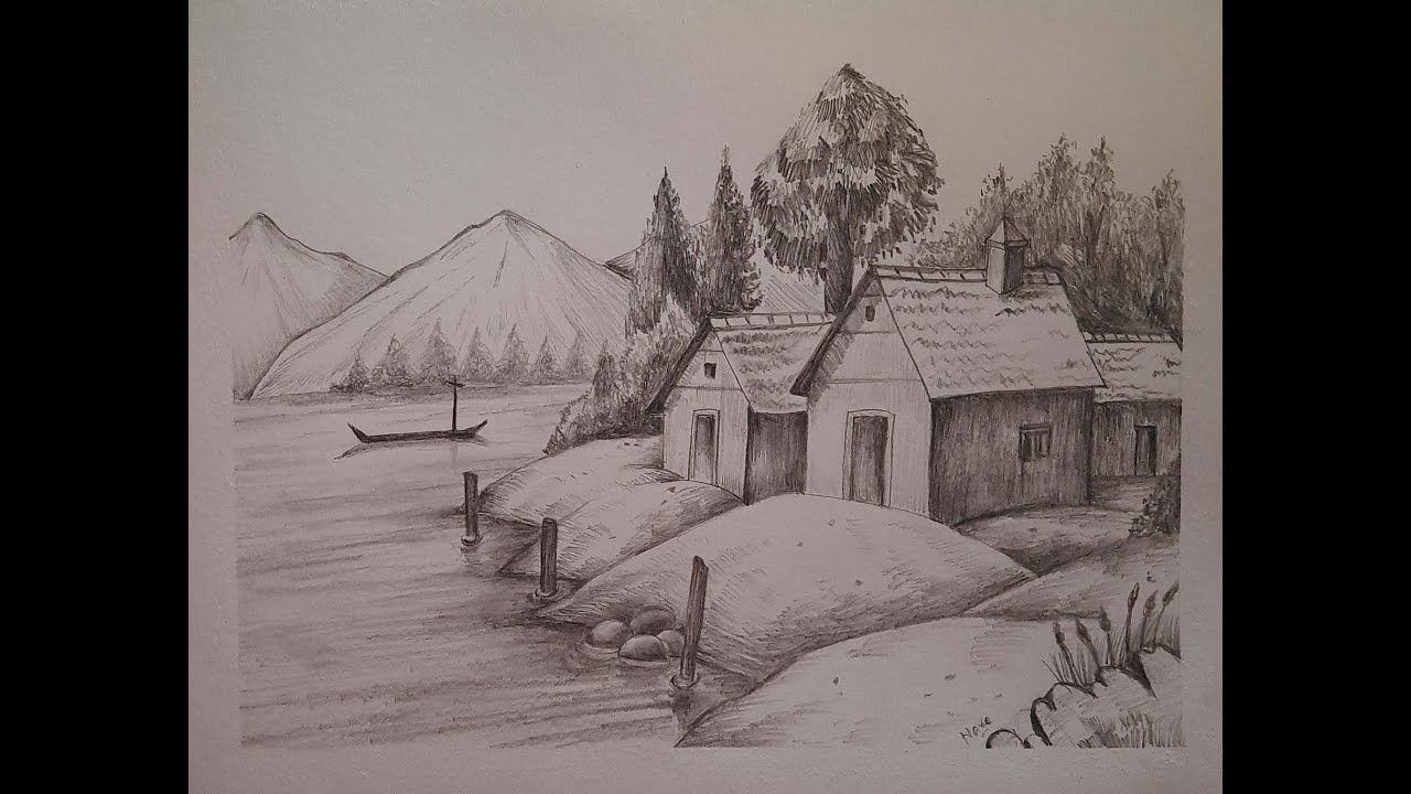 How to draw a beautiful nature landscape with a river, a boat, some houses, and distant mountains...