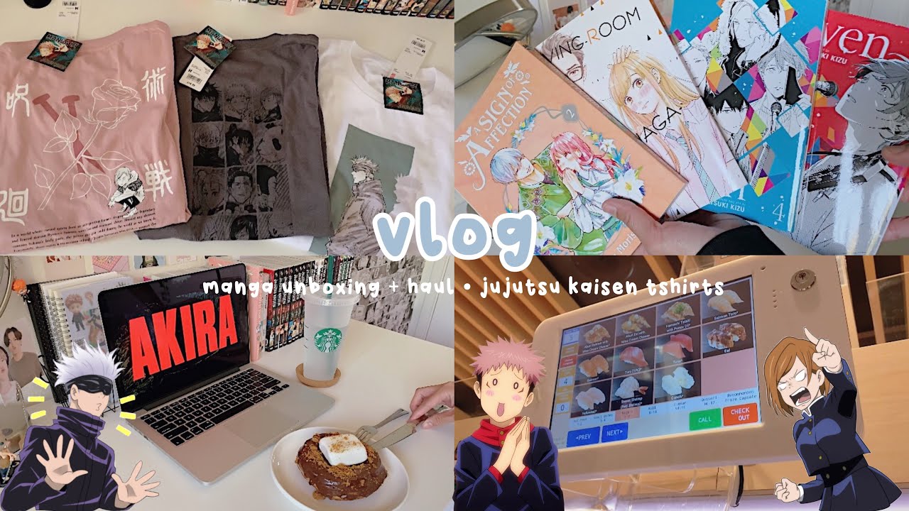 manga unboxing, jujutsu kaisen tshirts, lots of food and anime | vlog