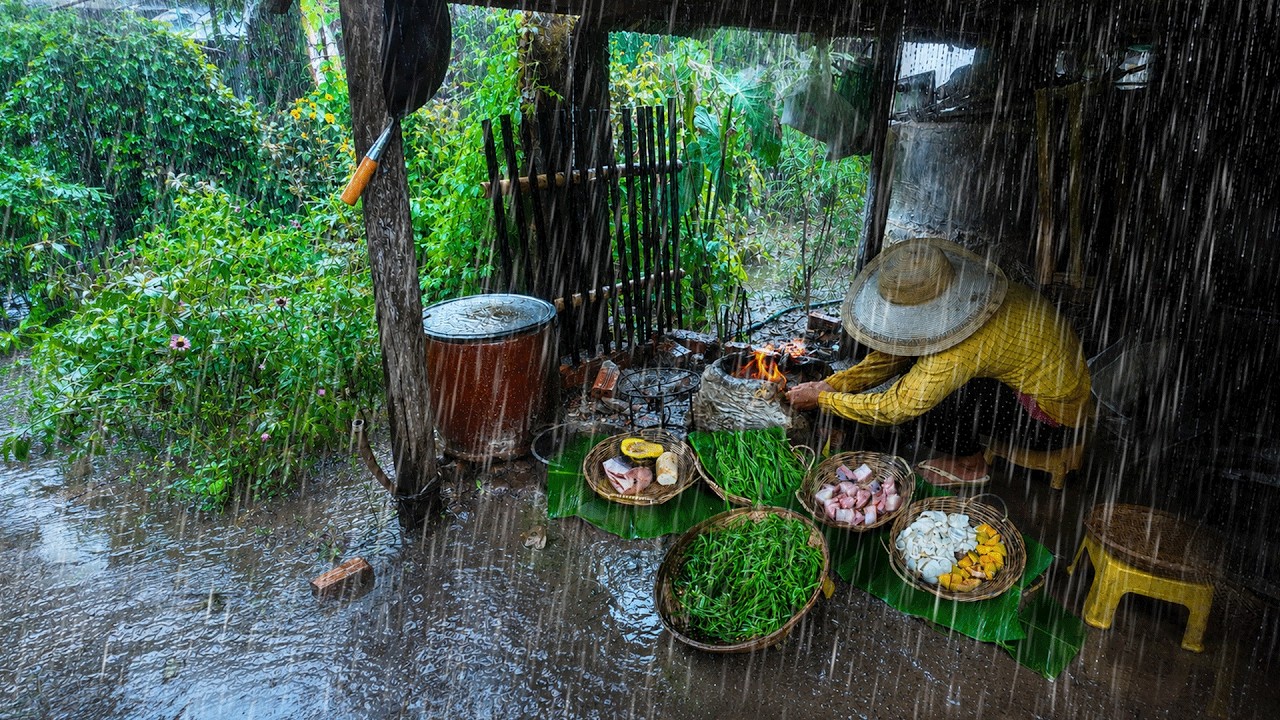 Heavy rain cooking in village, Rural organic food in countryside