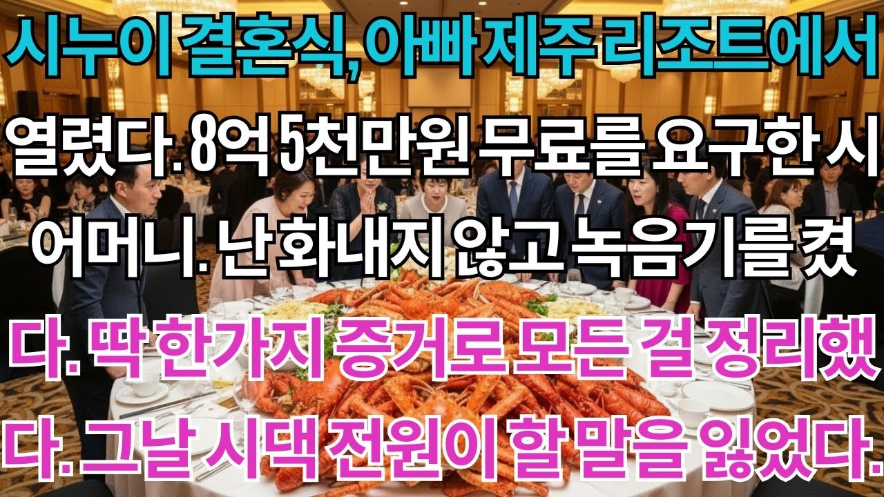 시누이 결혼식, 아빠 제주 리조트에서 열렸다. 8억 5천만원 전액 무료를 요구한 시어머니. 전 싸우지 않고 녹음기 하나만 켰어요. 그날 시댁 전원이 할 말을 잃었습니다.