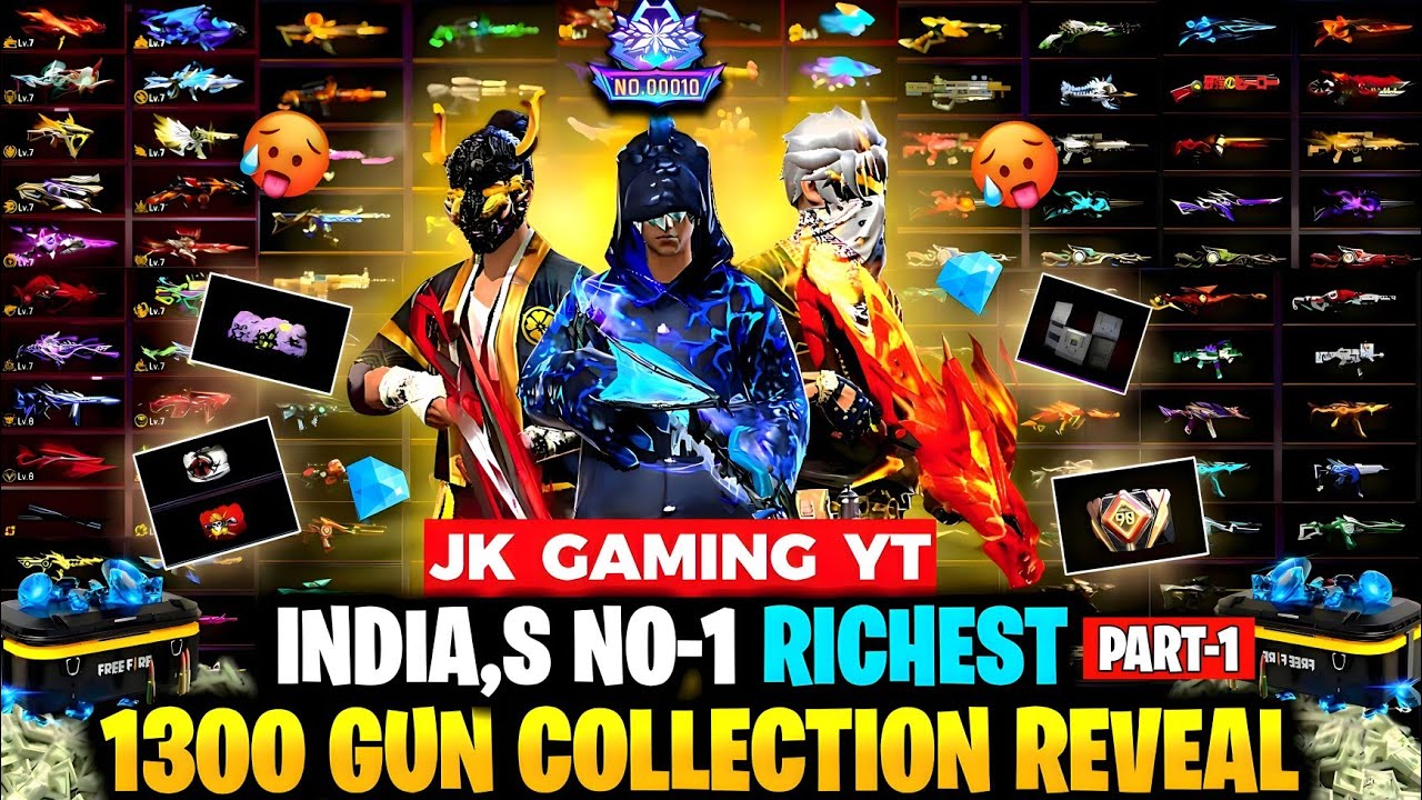 JK GAMING YT INDIA,S NO 1 RICHEST FREE FIRE ACCOUNT COLLECTION REVEAL || FF MOST RARE ID (PART - 1)
