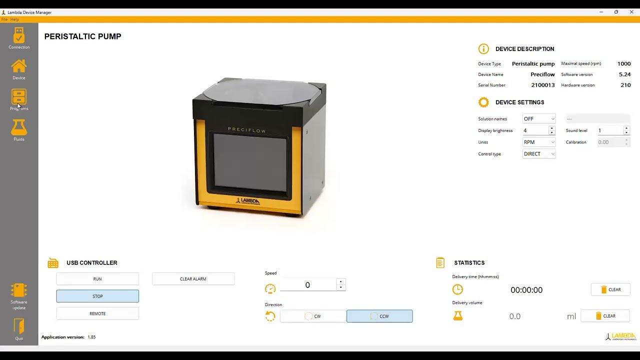 Program and Direct mode operation of the LAMBDA touch Peristaltic Pumps