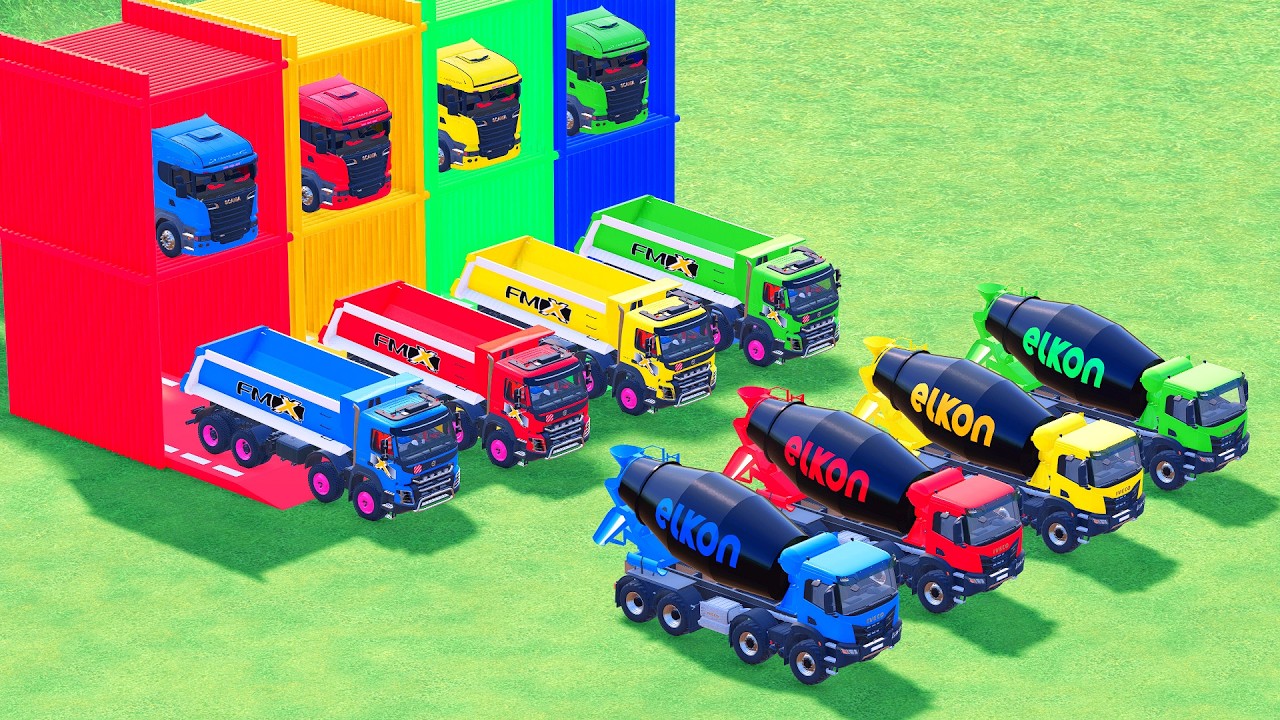 Garage with Colors - ALL MIXER TRUCK WITH DOUBLE FLATBED TRAILER TRUCK, KENWORTH, MAN - FS22
