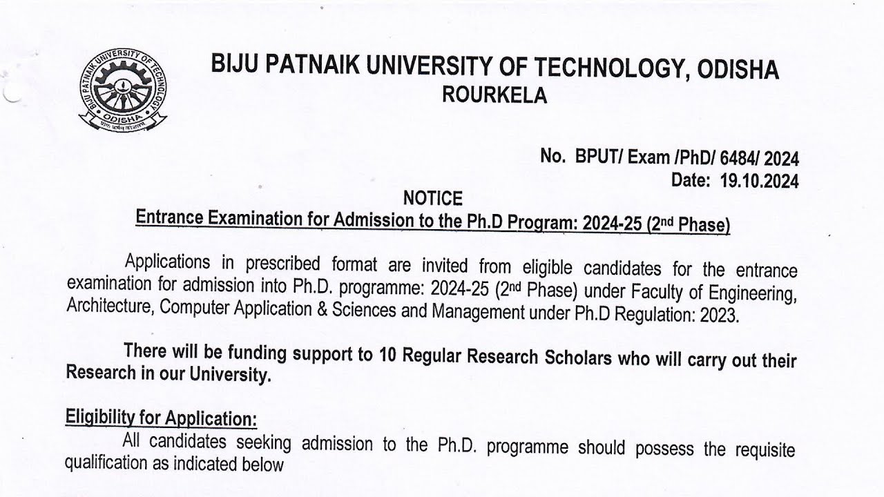 Ongoing PhD Admission 2024 // Biju Patnaik University of Technology Odisha Rourkela