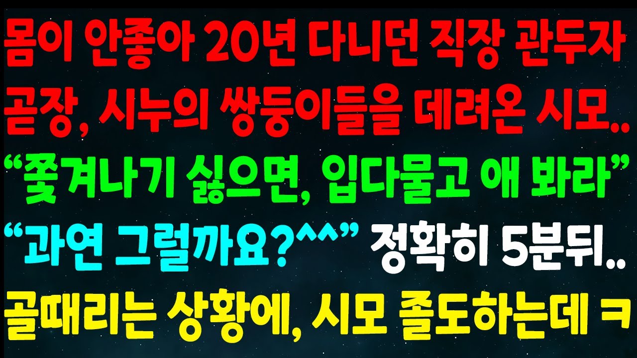 (반전신청사연)몸이 안좋아 20년 다닌 직장 관두자 곧장 시누 쌍둥이들 데려온 시모 
