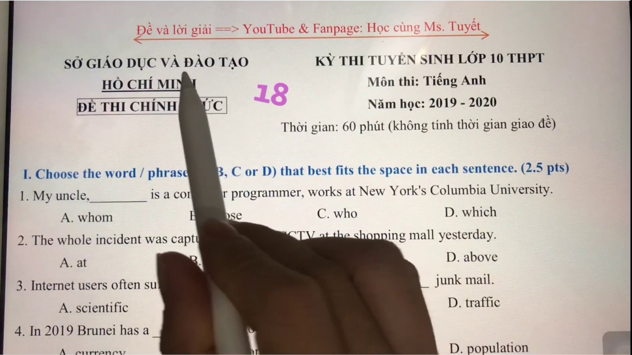 Đề Anh 18 - Hồ Chí Minh |Giải đề thi tuyển sinh vào 10 môn Tiếng Anh năm 2019