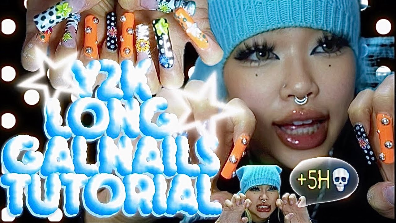 【また5時間💀】|セルフY2K LONG GAL NAILS💅🏽💕🖤🩵〈MARCH〉|5AMまでに終わらんかったら坊主にするってよ😗