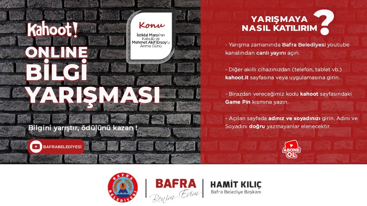 Bafra Belediyesi Kahoot Bilgi Yarışması (Mehmet Akif Ersoy ve İstiklal Marşı)