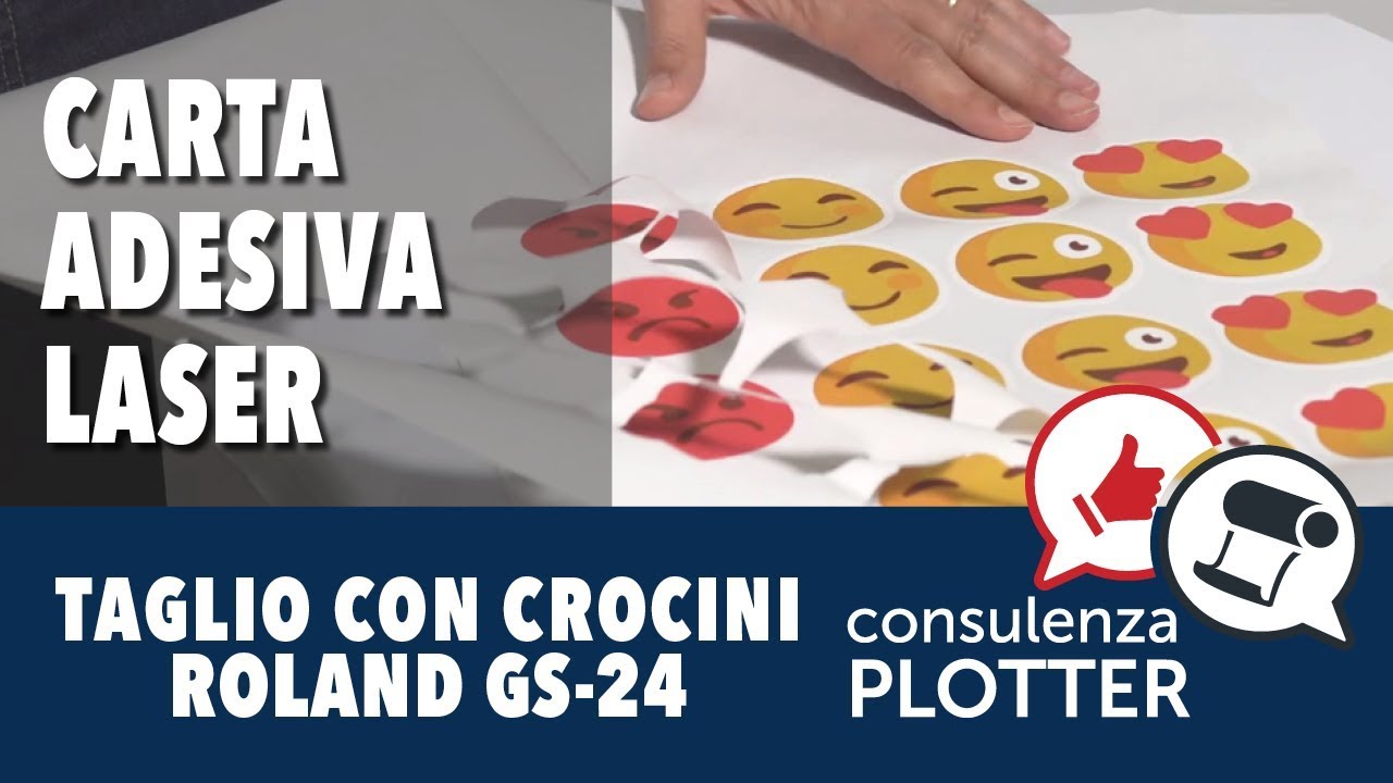 Scontorno di adesivi stampanti su CARTA adesiva con crocini di registro e tagliati con Roland GS-24