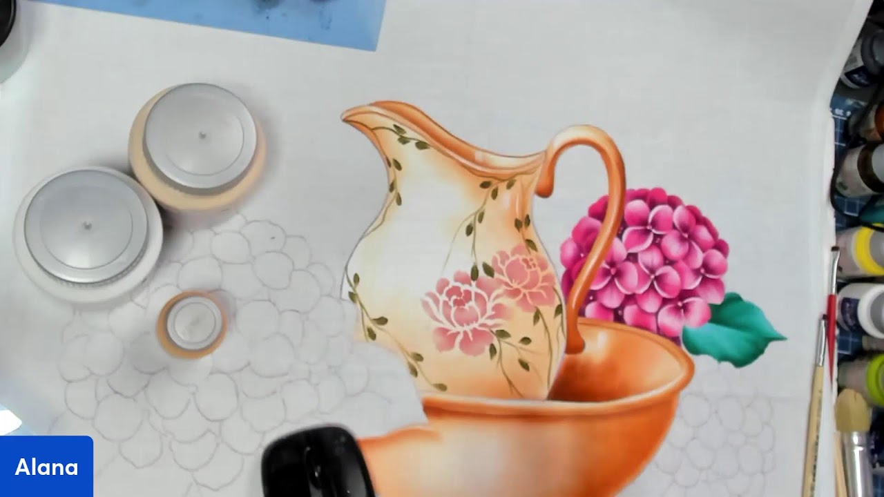 Como pintar lavabo portátil antigo/ Aula de Pintura em Tecido –  Jarra e Bacia com Hortênsias