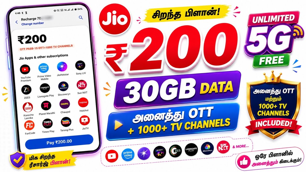 Jio 200rs Recharge Plan Details Tamil | Jio Unlimited 5g + Ott + 30Gb Plan Tamil | #ttssathish 