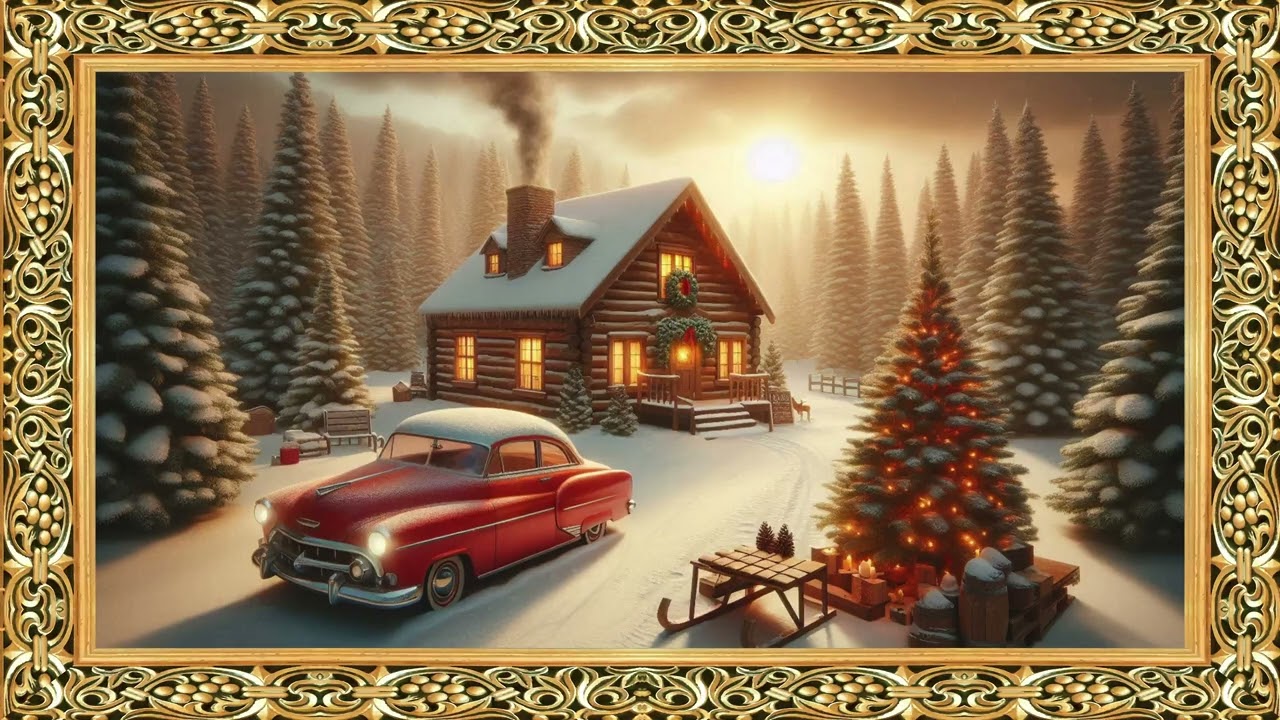 Vintage Winter W –Rustic Cabin Classic Car Holiday Scene 3h screensaver–golden frame#christmas