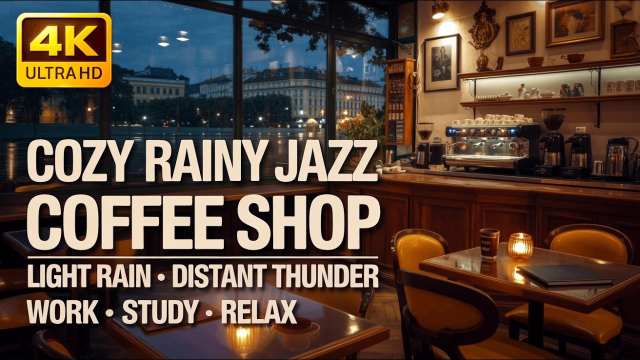 Cozy Rainy Jazz Coffee Shop | Light Rain & Distant Thunder | Work, Study, Relax ASMR