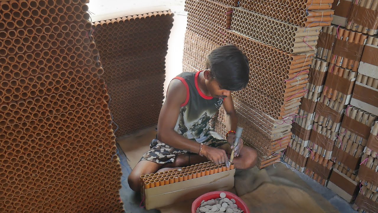 Dangerous Multi Sky Shots Complete Manufacturing Process in Fireworks Factory