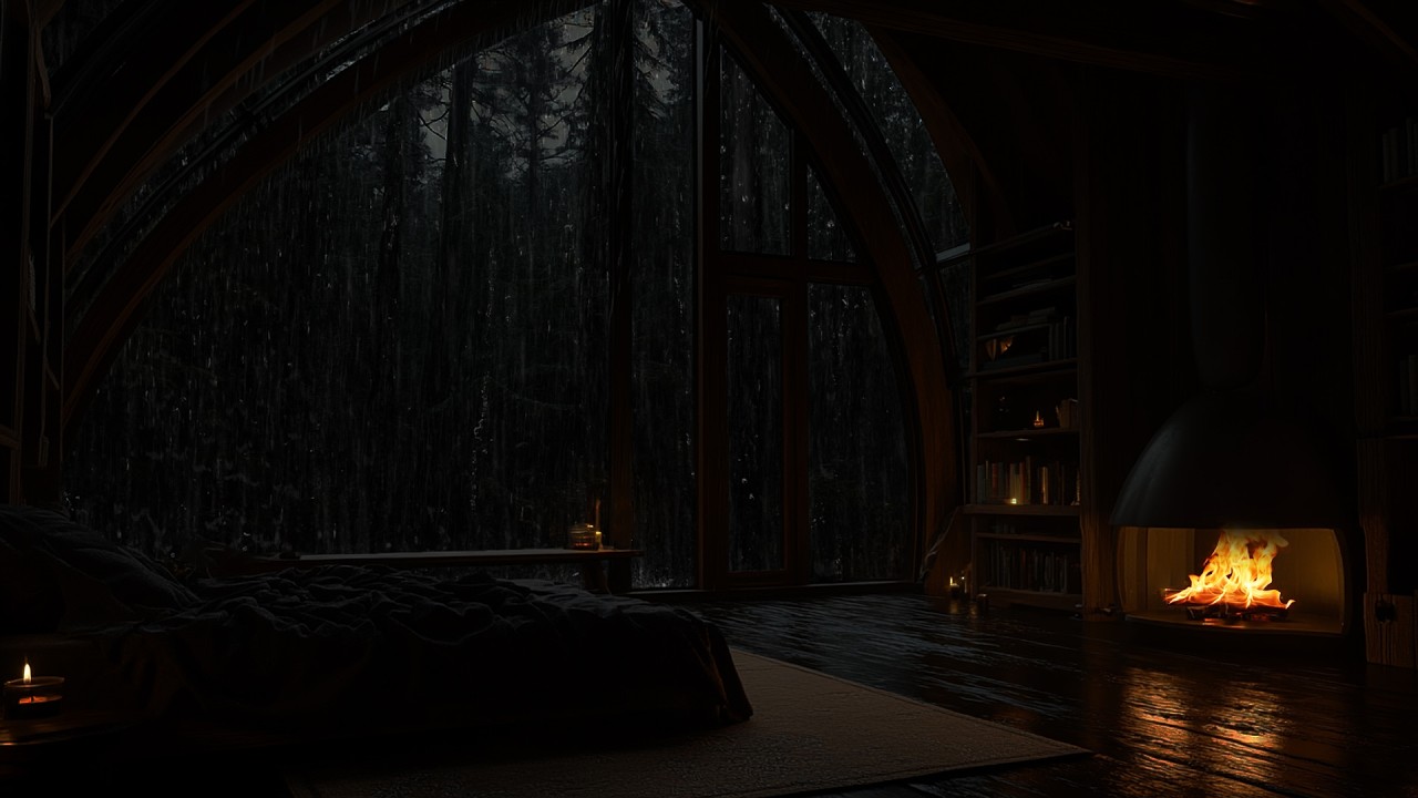 Midnight Rain on Window with Cozy Fireplace Sounds for Deep Sleep & Peaceful Nights 🌧️🔥