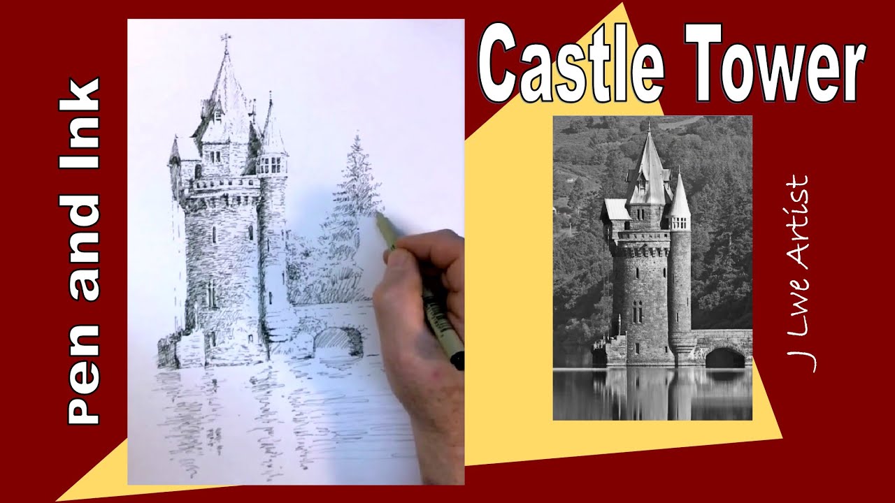 How to draw castle tower on lake with ink