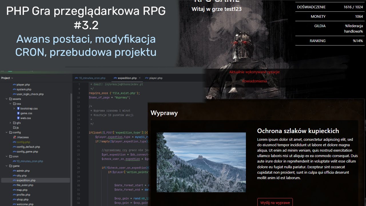 PHP Gra przeglądarkowa RPG #3.2 - Awans postaci, modyfikacja CRON, przebudowa projektu