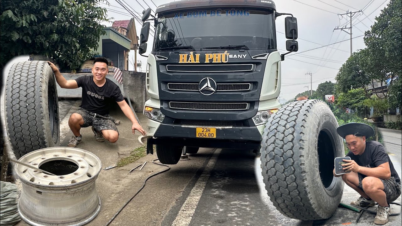 rescue of super large concrete pump truck with flat tire Giang's daily tire repair work