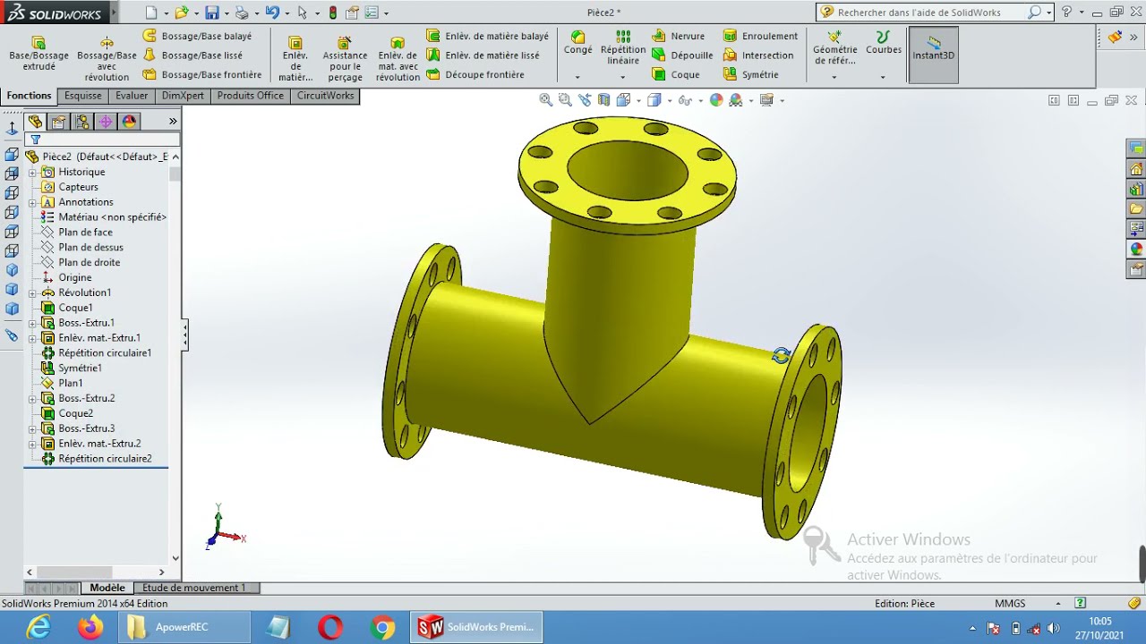 cour 6 : solidworks, création d'un tube T avec brides