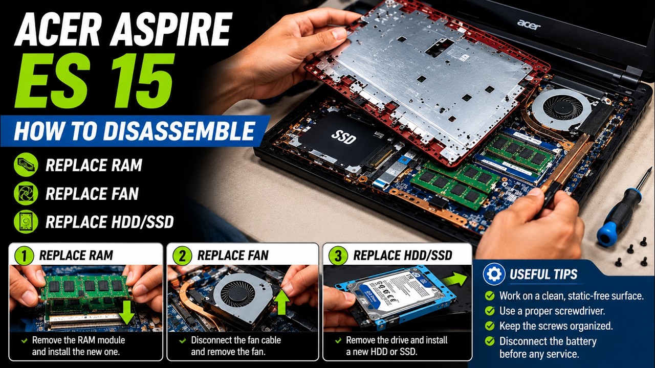 Jak rozebrat Acer aspire ES 15, vyměnit paměť, ventilátor a pevný disk | SURPAN.cz