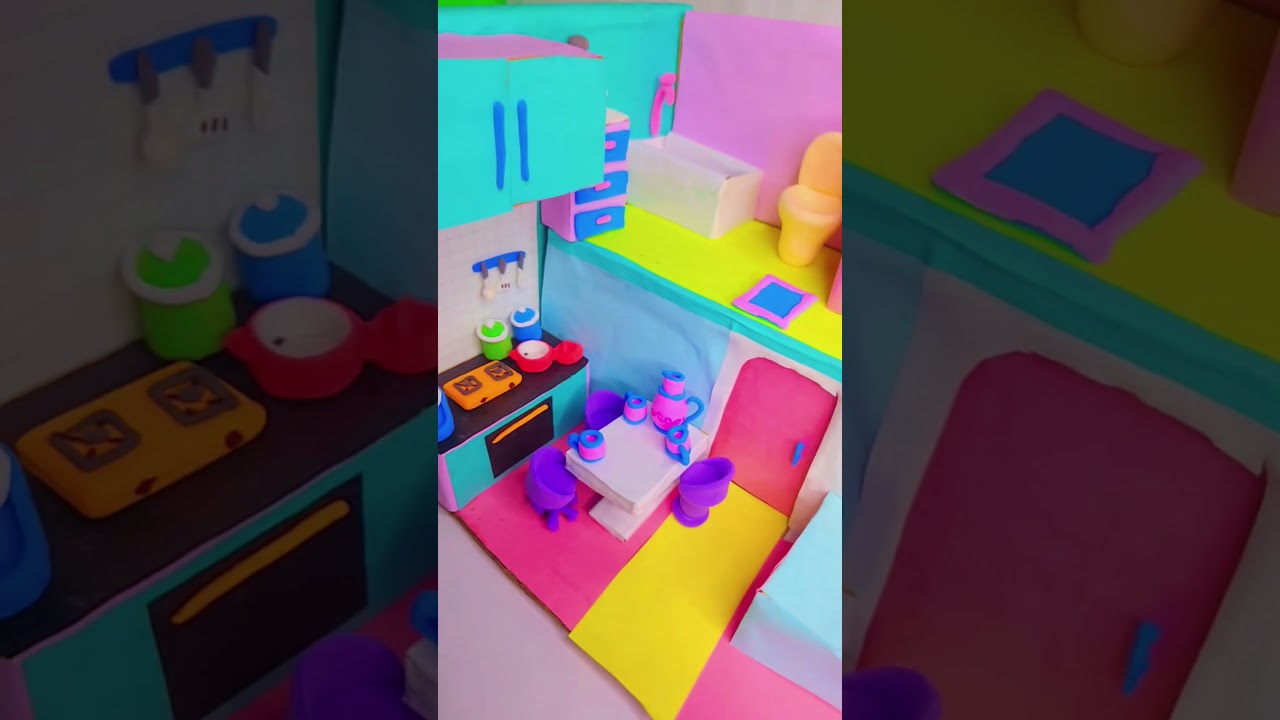 DIY miniature cardboard and polymer clay house, bathroom, kitchen and bedroom 