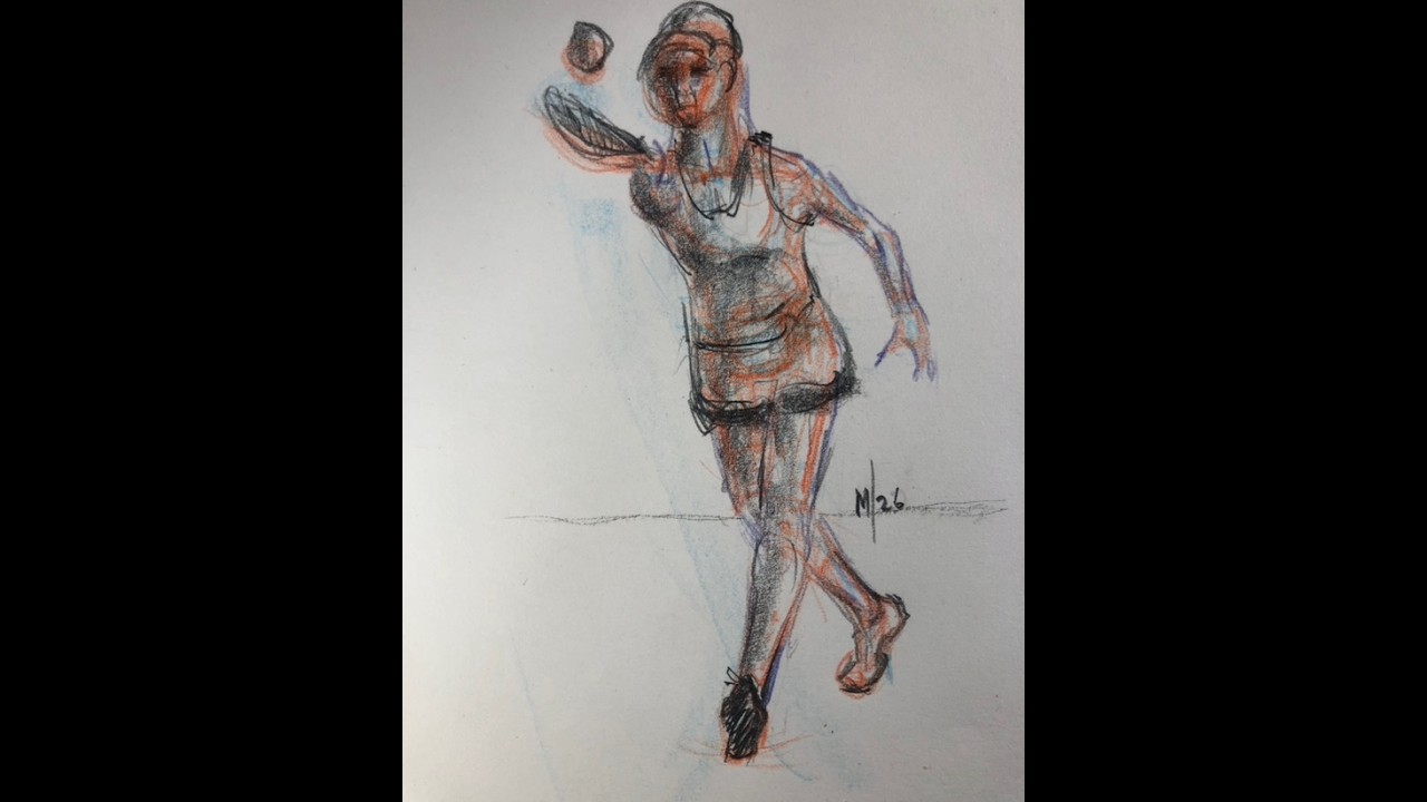 Drawing woman serving ball in tennis