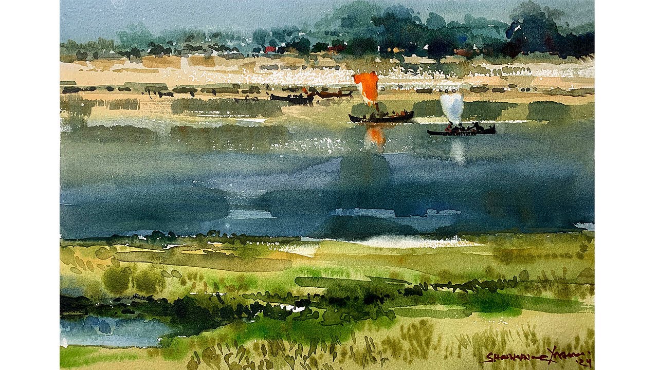How To Paint Watercolor Landscape Tutorial | Watercolour Demo by Shahanoor Mamun