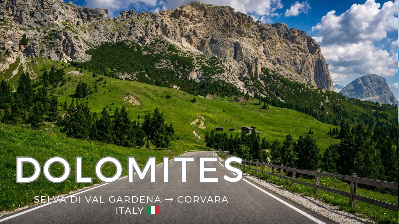 Dolomites Scenic Drive 4K | Gardena Pass | Selva di Val Gardena → Corvara