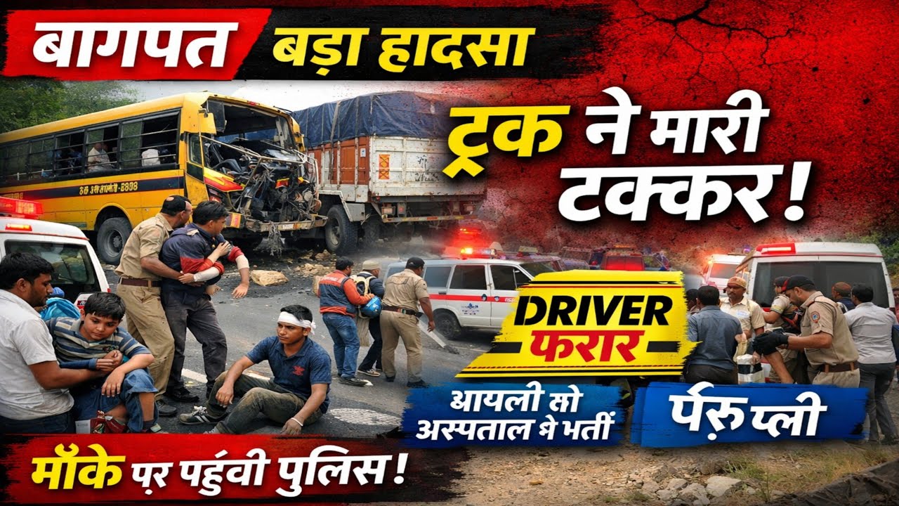 बागपत में बड़ा सड़क हादसा | स्कूली बस को ट्रक ने मारी टक्कर | 6 से ज्यादा बच्चे घायल | Driver फरार