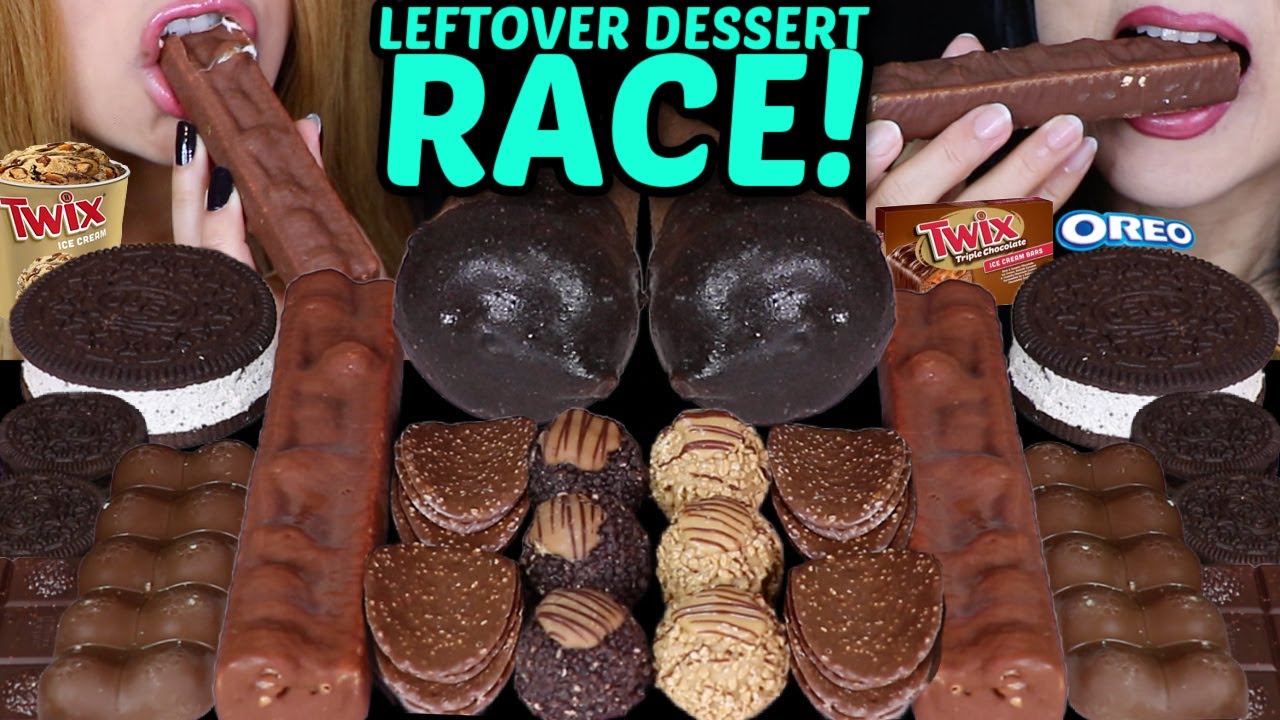ASMR LEFTOVER DESSERT RACE! TWIX CANDY ICE CREAM BAR, BUBBLY CHOCOLATE, OREO CONE, FERRERO ROCHER 먹방