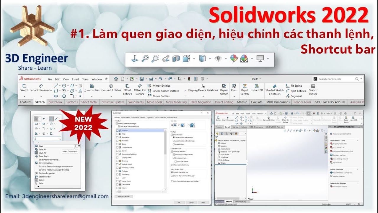 #1 Tự Học Solidworks 2022 - Làm quen Giao diện | Hiệu chỉnh thanh lệnh | Shortcut bar